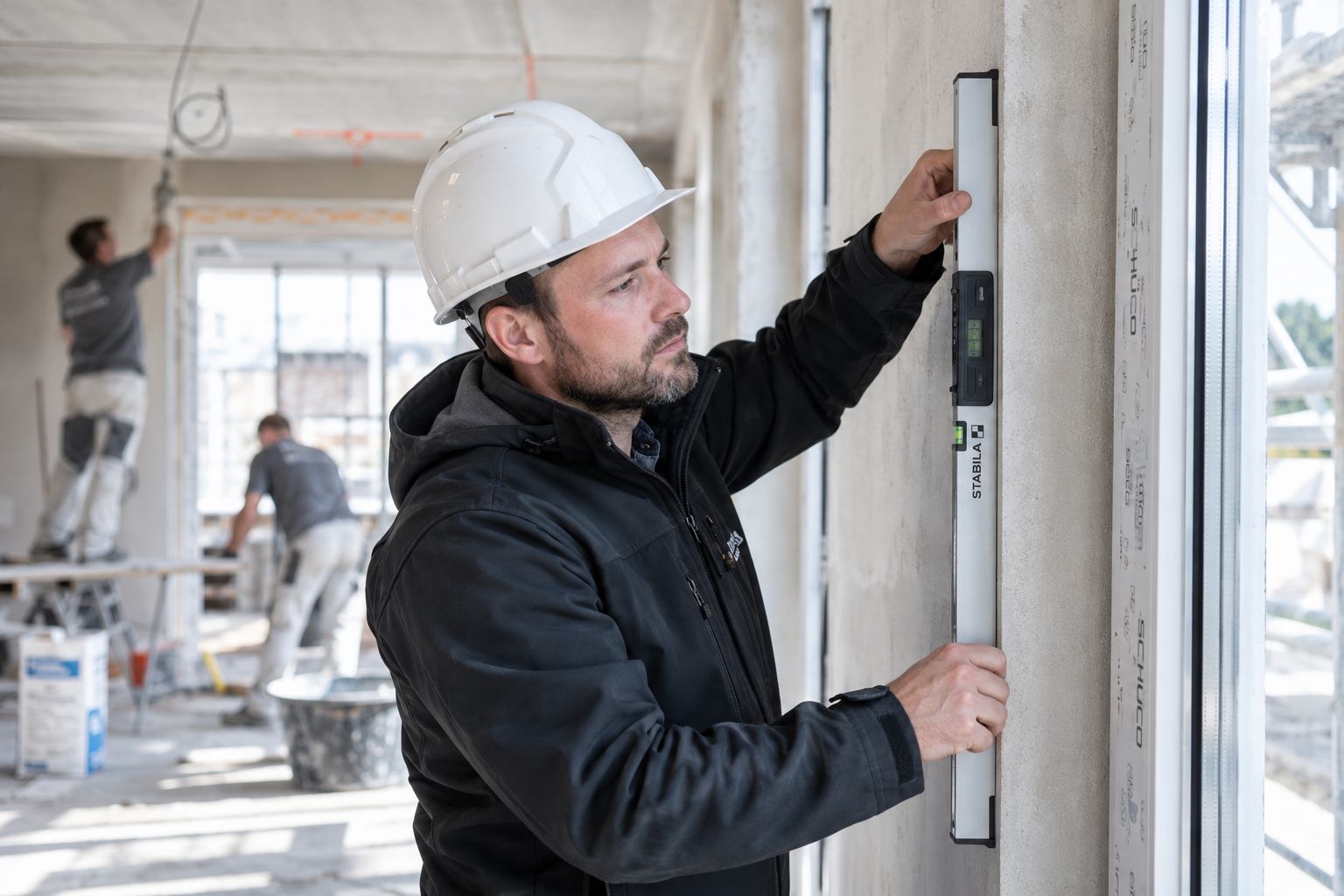Handwerker prüft den Einbau eines Fensters auf der Baustelle
