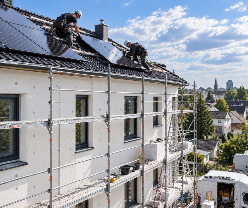 Fassade eines Wohngebäudes während der Dämmarbeiten