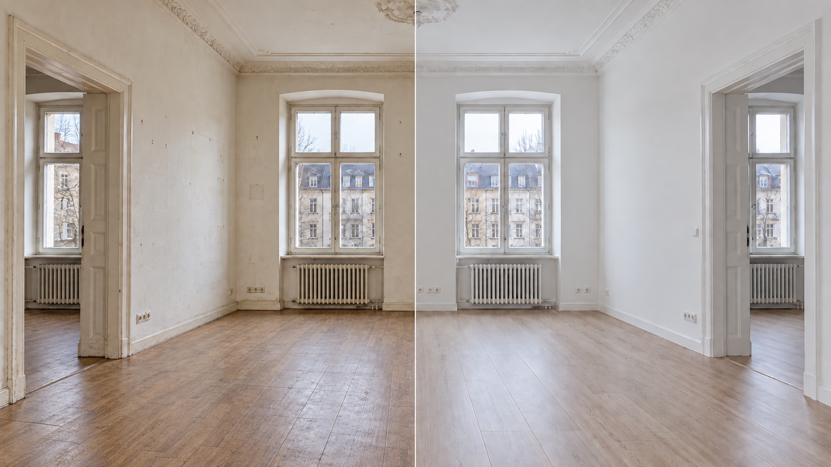 Geteilte Darstellung derselben Wohnung: links der Zustand vor der Herrichtung, rechts nach Abschluss der Arbeiten